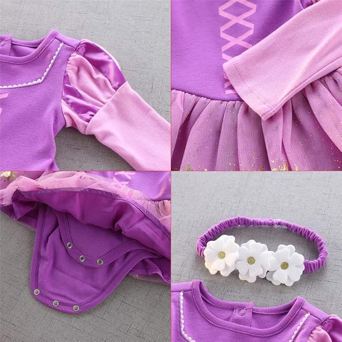 Dressy Daisy Princess Onesie Romper Fancy Dress Costume Halloween Birthday Bodysuit Outfit with Headband for Infant Baby Girl