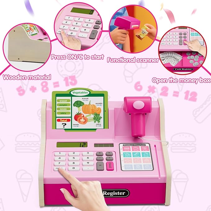 Wooden Cash Register for Kids with Real Calculator, Rechargeable Cash Register Toy with Scanner/Play Money/Food/Credit Card/Menu, Pretend Play Toys Gifts for Boys Girls Ages 3-8,Color