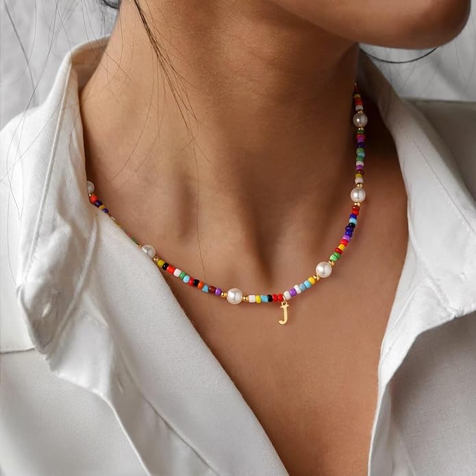 M MOOHAM Colorful Initial Necklaces for Girls - Beaded Pearl Choker Necklace for Women Teen Girl Colorful Summer Boho Necklace Jewelry, Trendy Personalized Letter Initial Gifts Birthday Gifts Kids