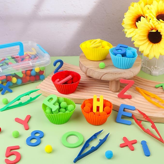 286Pcs Letters and Numbers Sensory Bin Filler Fine Motor Toys Counting Sorting 200 Felt Pompoms 76 Magnetic Letters Numbers 4 Tweezers 5 Silicone Plates 1 Storage Box for Counting Sorting DIY Crafts
