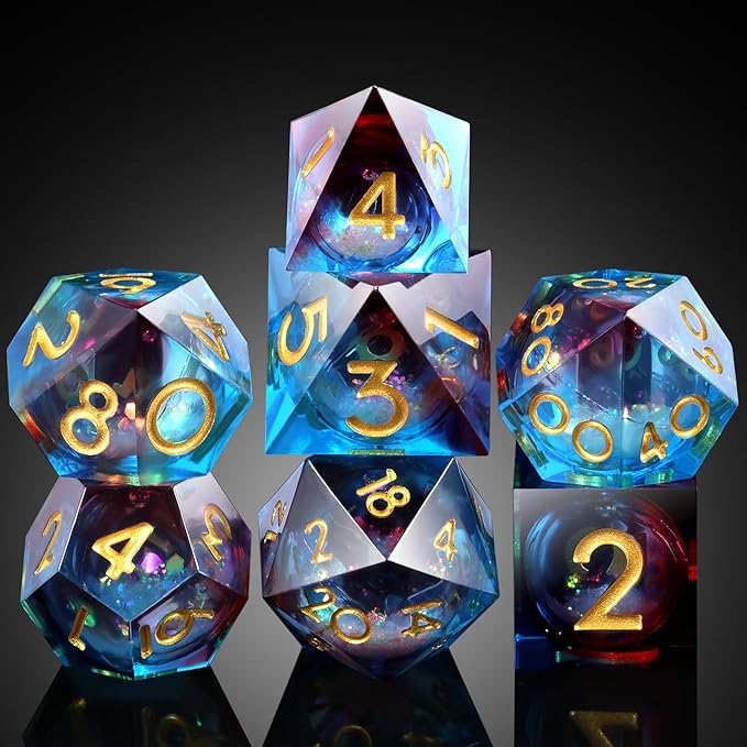 Gitter Liquid Resin Sharp Dungeons and Dragons Dice,DNDND 7PCS DND Dice with Gift Case for Tabletop Game (Liquid Blue and Red)