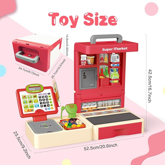 RedCrab Cash Register Toy for Kids,Toddler Store Pretend Plays Supermarket Calculator Cash Register Gift with Scanner, Play Money, Play Food for Boys & Girls