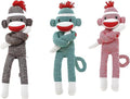 Adorable Sock Monkey Stuffed Animal - Pack of 3 - The Original Traditional Hand Knitted Plush Toy - Gift for Kids, Girls Boys Doll Present Puppet (20" Green, Pink, Brown)