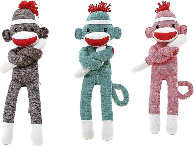 Adorable Sock Monkey Stuffed Animal - Pack of 3 - The Original Traditional Hand Knitted Plush Toy - Gift for Kids, Girls Boys Doll Present Puppet (20" Green, Pink, Brown)