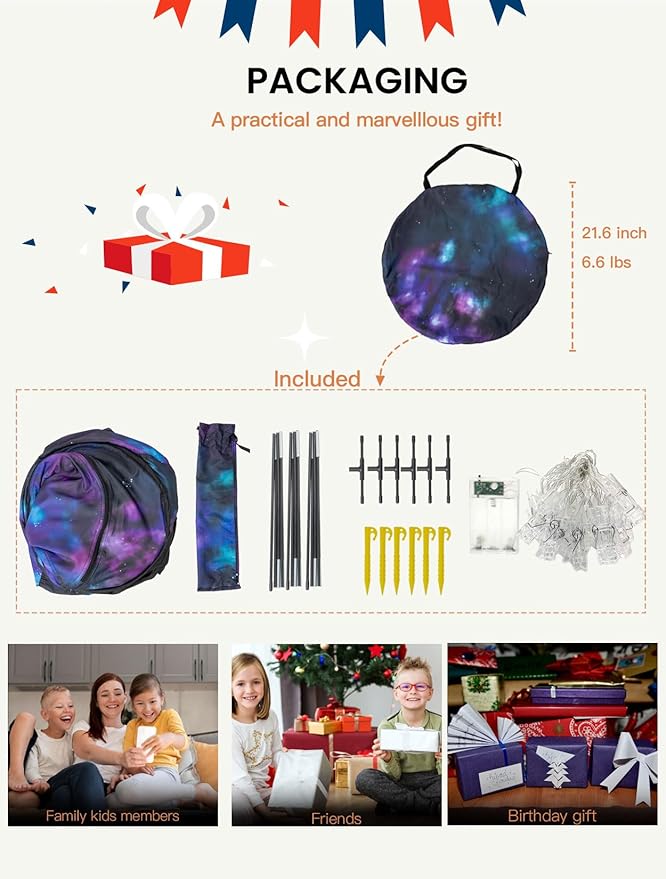 Kids Pop Up Play Tent with Fairy Lights, Hexagonal House with Removable Mat, Indoor Playhouse for Children, Galaxy Theme Gift for 3-4 Kids