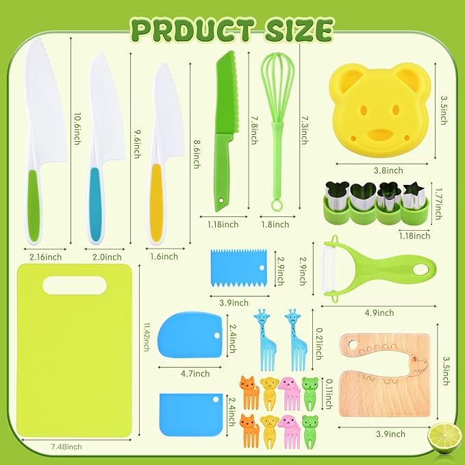 Hilsoeet 26PCS Kids Knives for Real Cooking, Wooden Kids Kitchen Knife Set Include 4 Serrated Edges Plastic Toddler Knives, Cutting Board, Y Peeler, Egg Beater, Toddler Food Picks and Cream Scraper