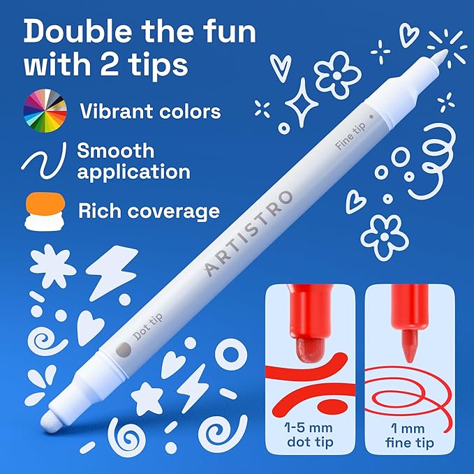 ARTISTRO 24 Acrylic Paint Markers for Rock, Fabric, Wood, Glass, Craft, Decoration - Dual-Tip Paint Pens - Stocking Stuffers, Christmas Gift Idea for Teens, Grandkids, Kids - Art Supplies
