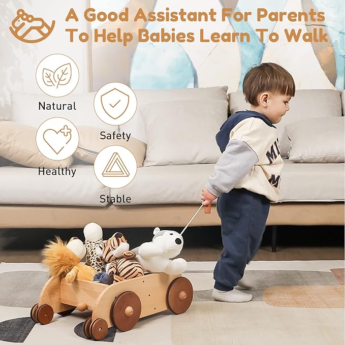 Woodtoe Wooden Baby Walker, Adjustable Speed Anti-Rollover Push Walker Toy for Babies Learning to Walk, Natural Wood Toddler Push and Pull Toys Wagon Birthday Toy for Boy Girl 1-3(Patent Protection)