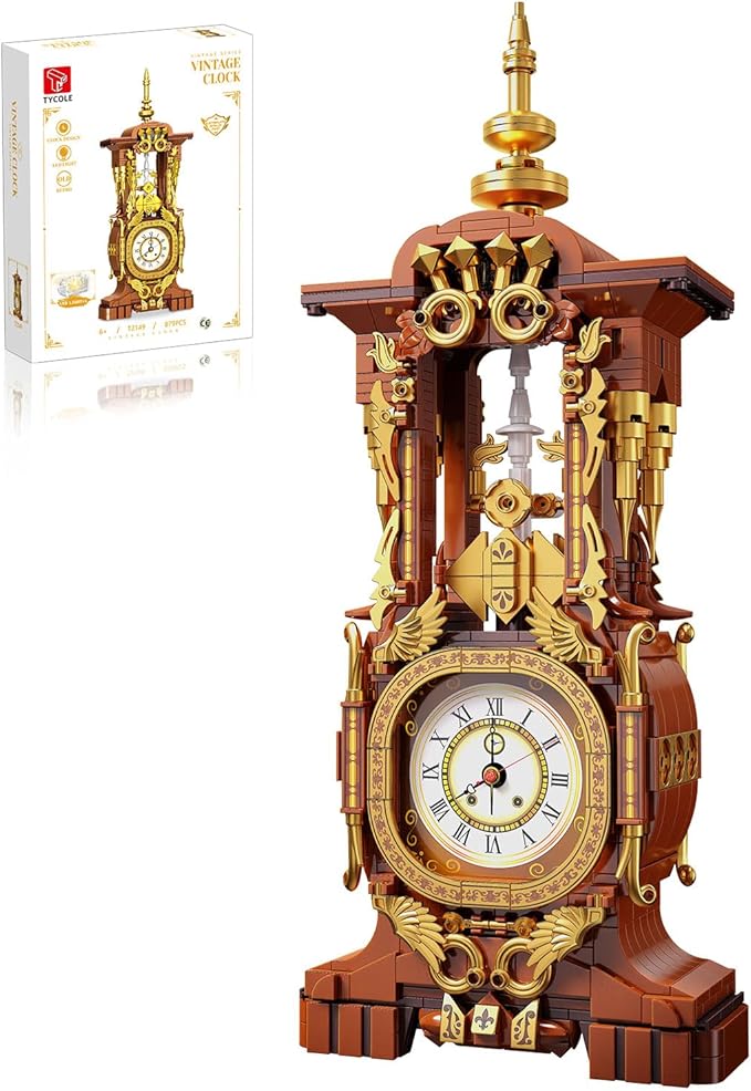 Vintage Clock Building Block Set, Stem Toy with Real Clock Function and Controllable Lighting, Technic Building Kit, Unique Home Decoration and Collectible, Birthday Gifts for Adults & Kids 6-12