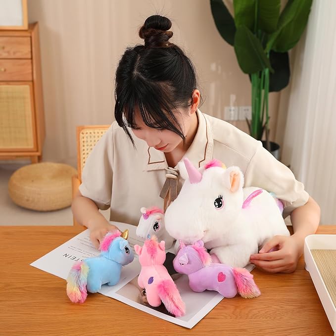 SQEQE Unicorn Toys Stuffed Animal 5 in 1, Plush Toy Rainbow Flying Unicorns with Wings for Christmas, Valentine's, Birthday Gifts, Plushies Unicorn Pillow with 4 Babies in Her Tummy for Girls Age 4-8