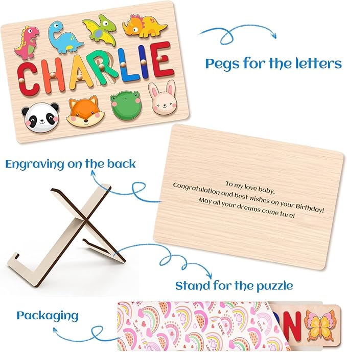 Baosity Personalized Name Puzzle for Kids, Custom Wooden Puzzles for Toddler 1-3, Baby Toddler Toys for 1 Year Old, Personalized Christmas Birthday Gifts for Boy & Girl