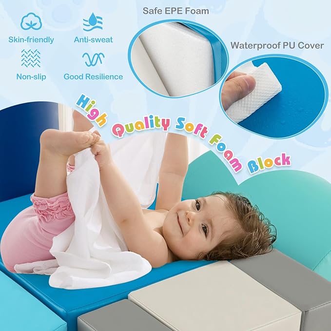 HONEY JOY 6-Piece Climb and Crawl Playset, Soft Climbing Foam Block Activity Play Structure Gym Equipment for Infant Baby, Color Coordination, Waterproof Indoor Climbing Toys for Toddlers (Blue)