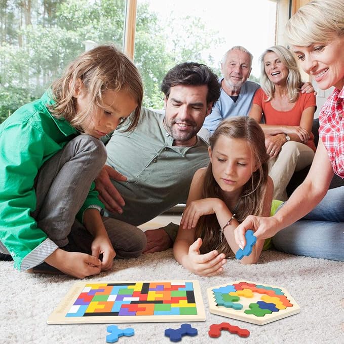 Wooden Puzzle Hexagon Puzzles for Toddlers Tangram Jigsaw Puzzle, Montessori Educational Gift for Kids & Adults