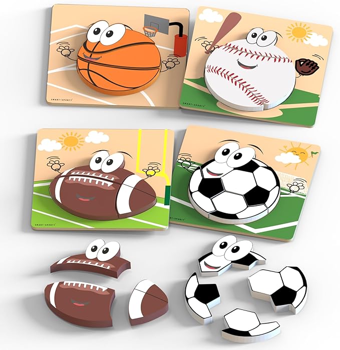 Wooden Sports Puzzles for Toddlers 2-4 | Wood Puzzles for Kids, Toddler Sports Toys for Toddlers, Basketball Toy, Football Toys, Baseball Toy, Soccer Toddler 2 3 Year Old Boy
