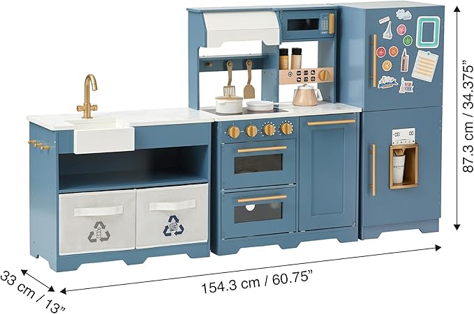 Teamson Kids Little Chef Atlanta Modular Wooden Play Kitchen, 3-Piece Pretend Set with 17 Accessories, Blue/White/Gold, Realistic Features for Toddlers & Kids, Cocina de Juguete Moderna