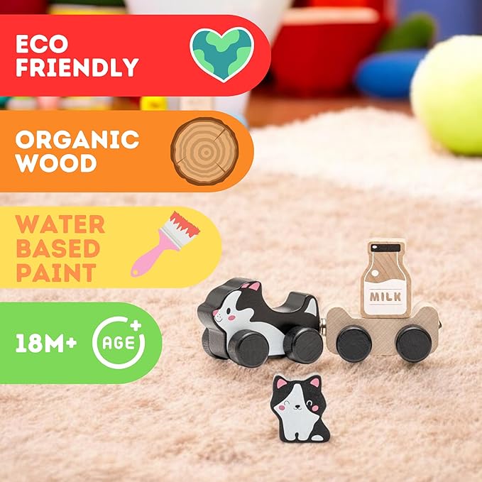 Cubika Wooden Clever Kitties Train Toy – Magnetic Cat-Themed Wood Toy Playset for Toddlers 18 Months+ – Montessori Toy for Fine Motor Skills and Imaginative Play