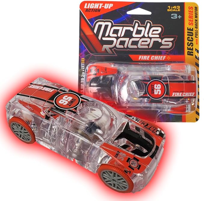Fire Chief Car, LED Light Up Pull Back Emergency Car, Toy Vehicle for Kids 3 and Up