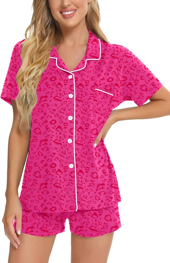 SWOMOG Womens Button Down Pajamas Set Short Sleeve Sleepwear Bride Soft Pj Lounge Sets XS-3XL