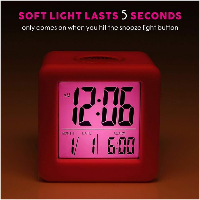 Plumeet Digital Kids Alarm Clock with Snooze and Nightlight - Easy Setting Silicone Clock Display Time, Date - Loud for Bedroom - Battery Powered (Pink)