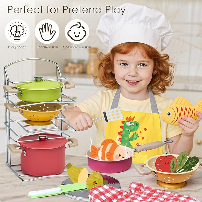 Golray Play Kitchen Accessories, Kids Kitchen Playset Pretend Cookware Including Pots and Pans Set, Cooking Utensils, Organizer, Condiments, Apron & Gloves, Birthday Gifts for Girls Boys Toddlers