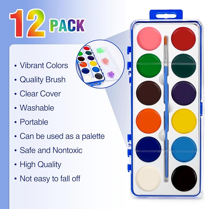 12 Pack Watercolor Paint Set for Kids, 12 Colors Water color paint sets for kids with Paint Brush, Kids Watercolors Paint Set for Party Favor, Classroom.
