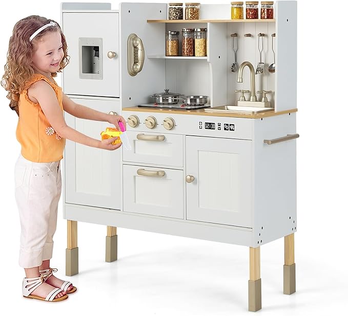INFANS Kid Kitchen Playset, Toddler Wooden Pretend Cooking Set with Realistic Light & Sound, Stove, Sink, Microwave, Storage Cabinet, Play Kitchen Toy Set for Children Boys Girls