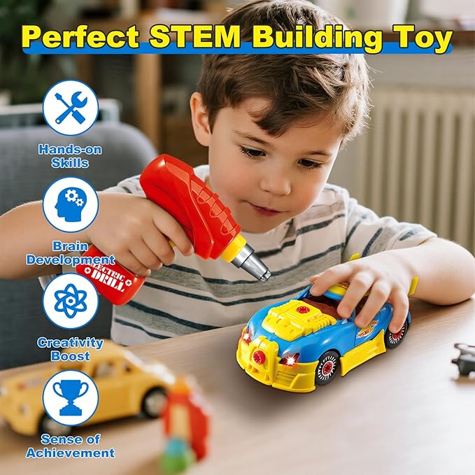 Construction Toys for Boys Age 3-8, Take Apart Toy Car Racing, 30 Pieces Building Toys with Electric Drill, Build Your Own Car with Realistic Sounds & Lights, STEM Gifts Kids (4 Spare Screws)
