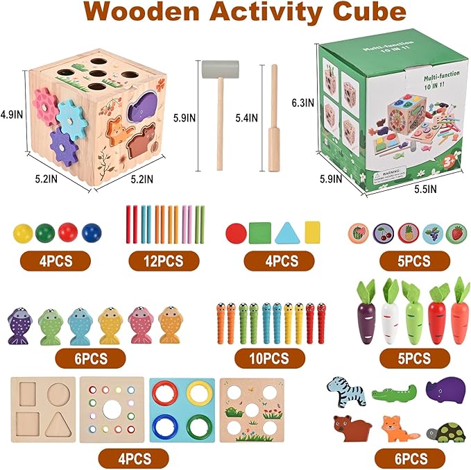 Wooderma Activity Cube, 10-in-1 Wooden Montessori Toys for Toddlers,Multipurpose Educational Sensory Toy for Baby, Preschool Learning Fine Motor Skills Game, First Birthday Gifts for 3 4 5 Year Old
