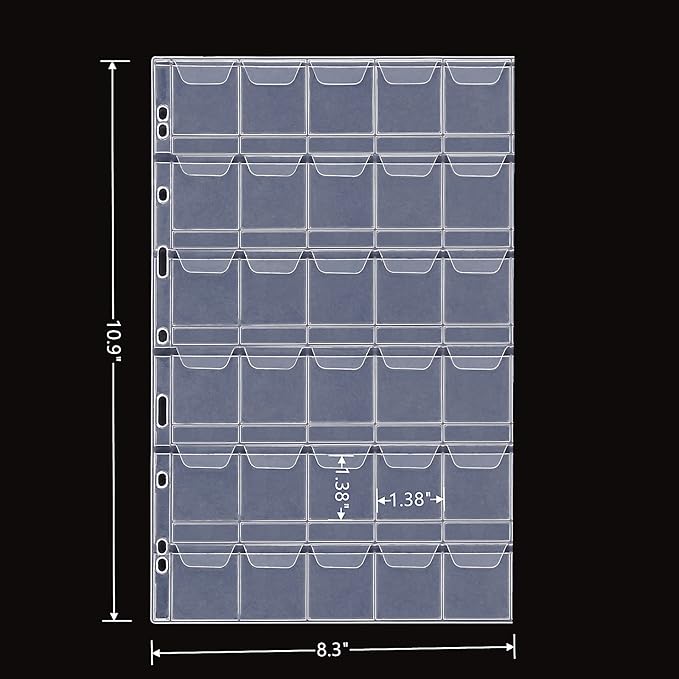 MUDOR Coin Pocket Pages, PVC-Free Coin Sleeves - 30-Pocket Sheets for Binders