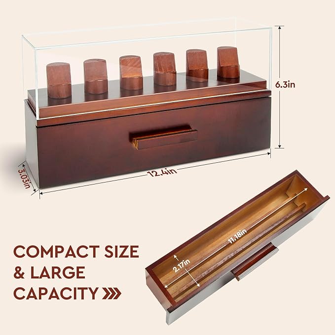 Challenge Coin Display Case, Military Coin Collection Holder with Wooden Coin Box, Drawers, and Clear Acrylic Lid – Gifts for Coins Collectors (6 Pillars)