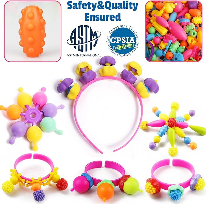 FUNZBO 520+ Snap Pop Beads - Jewelry Making Kit for Kids, Arts and Crafts for Kids Ages 4-8, Toys for 3 4 5 6 Years Old Girls Birthday Gifts Ideas, Bracelet Necklace Ring Snap Set for Little Girls