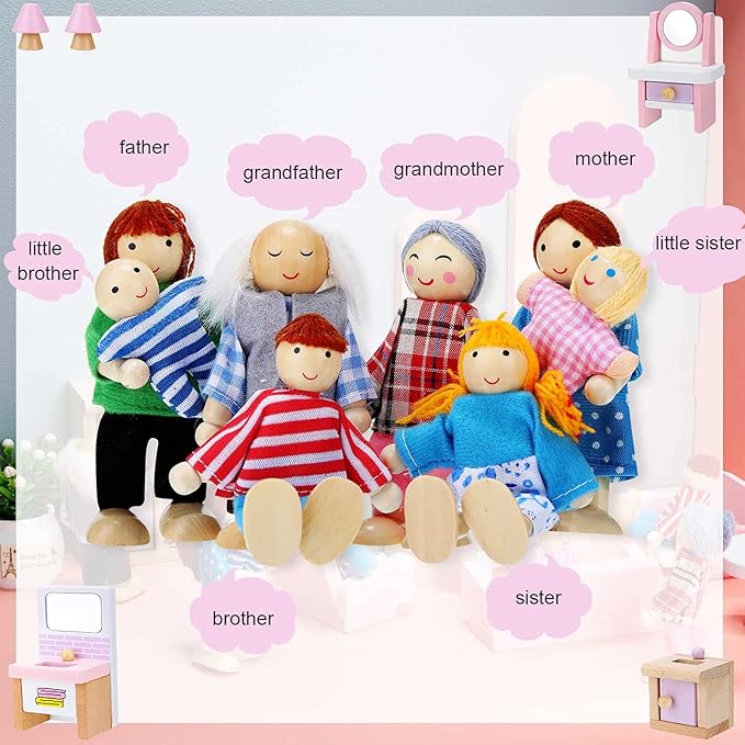 Sumind 30 Pcs Wooden Dollhouse Furniture Dollhouse Family Set of 8 Mini People Figures Dollhouse Accessories for Miniature Imaginative Play Toy
