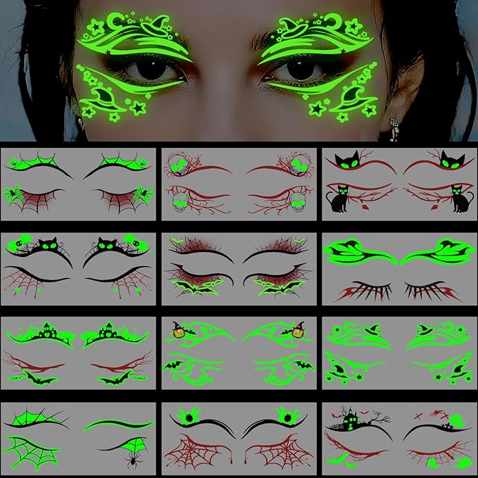 Glow in Dark Halloween Eyeliner Temporary Tattoos for Adults, 12 Pairs Luminous Eyes Fake Tattoos, Gothic Spooky Designs with Spiders Web, Bats, Cats, Skulls, Black