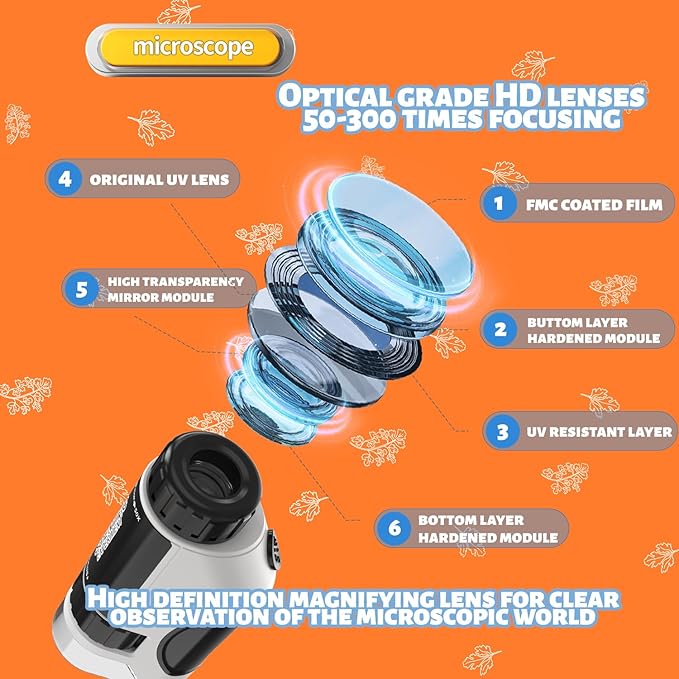 Kids Microscope, 50x-300x Kids Magnifying Glass, Handheld Microscope for Kids Exploration, Educational Toys for Kids, Toddlers, Gift for Children