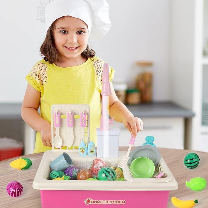 deAO Kitchen Toy Sink Toys with Cutting Food,Electric Dishwasher Playing Toy with Running Water, Role Playing Game Pretend Food,44 PCS Kitchen Accessories Set for 3 4 5 Years Old Girls Boys