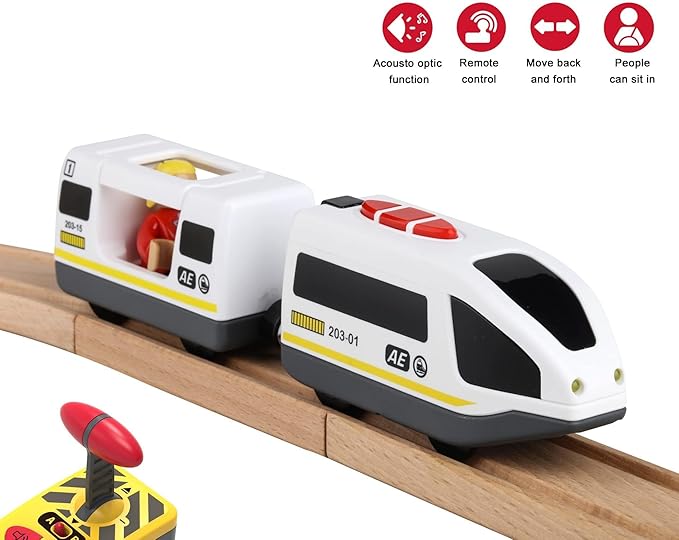Z MAYABBO Wooden Train Set Accessories Battery Operated Locomotive Trains, Remote Control Train Vehicles for Wood Tracks, Powerful Engine Trains Cars Fits All Major Brands of Railway System