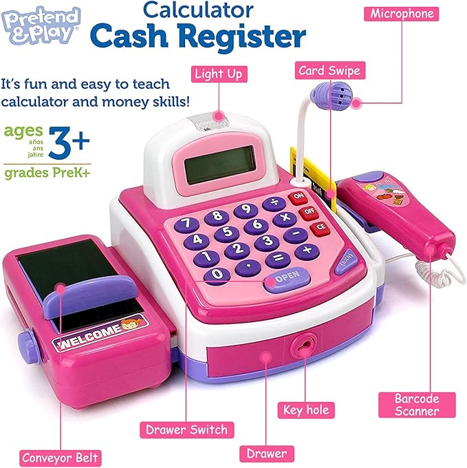 Pretend Play Pink Cash Register Toy - Learn & Play Shopping Kids Toys with Electronic Mic, Scanner, Calculator, Play Food, Fake Money and Basket