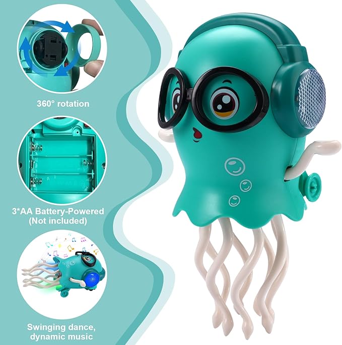 Magic Dancing Octopus Toy with Music and LED Lights, Rechargeable Electric Crawling Jellyfish for Kids Age 3+, Smart Obstacle Avoidance Musical Toy, Birthday Gift for Boys and Girls (Green)