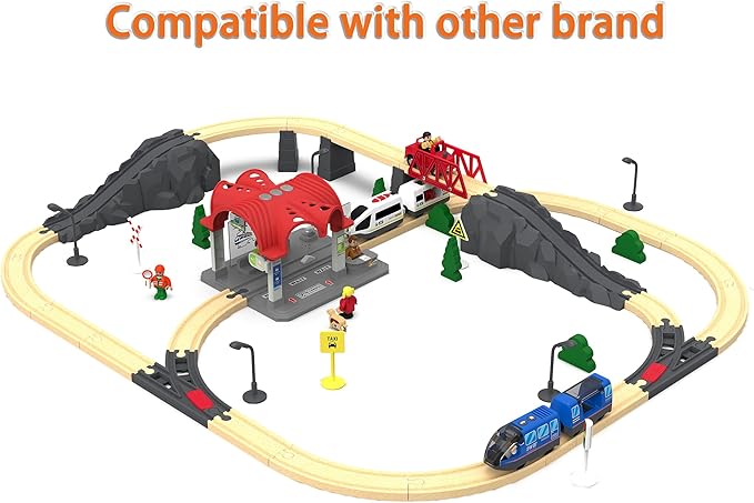 Train Accessories Modern Station for Kids, Train Tunnel for Wooden Railway System, Multifunction Toy Trains Set for Motorized Cars Compatible with Thomas & Friends, Brio, Chuggington