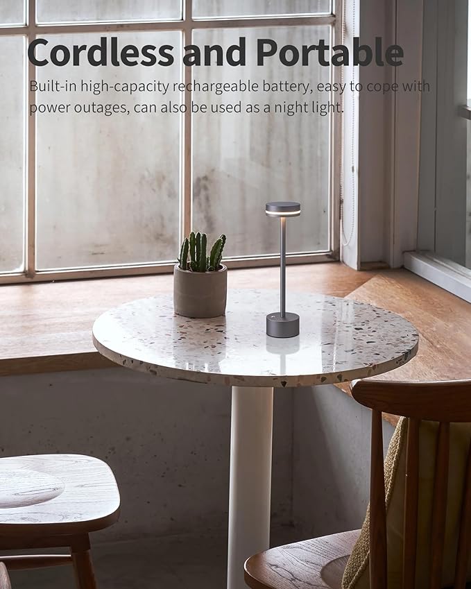 PUSU Portable Table Lamp Battery Powered LED Lamp Cordless Table Lights 3-Level Brightness Touch Control, for Home Office Bedroom Hotel Room Restaurant Outdoor(Gray)