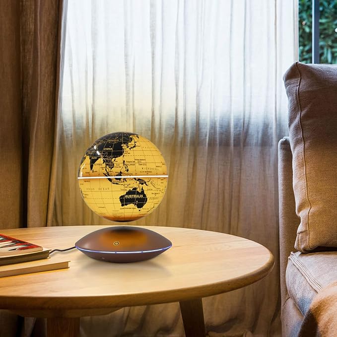 Floating Magnetic Levitation LED Globe, 6 Inch, Gold, Political Map, Metal Base