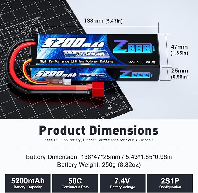 Zeee 7.4V Lipo Battery 2S 50C 5200mAh Lipos Hard Case with T Connector for RC Car Trucks 1/8 1/10 RC Vehicles(2 Packs)