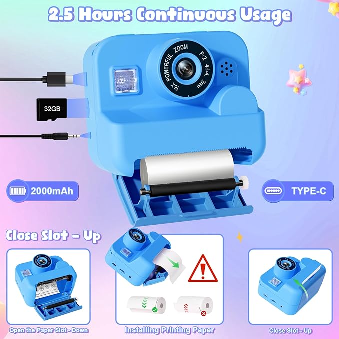 Kids Camera Instant Print - 1080P HD Video Digital Camera for Toddler with Printing Photo Paper, Portable Toy for 4 5 6 7 8 9 10 Years Old, Christmas Birthday Gifts for Boys Girls (Blue)