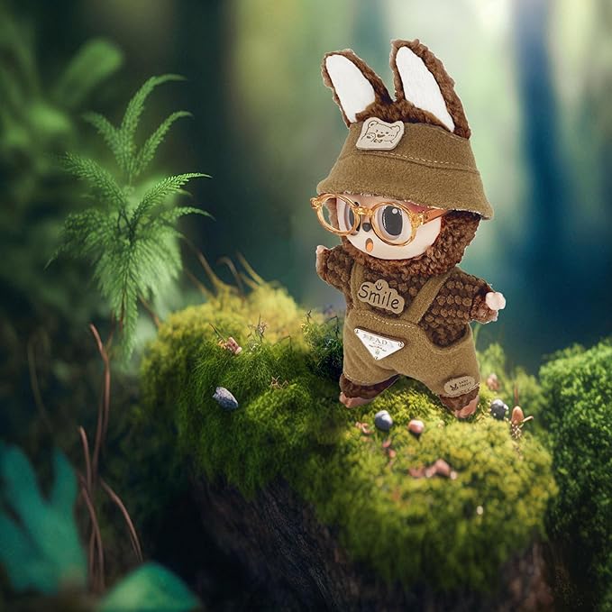 17cm Clothes Set (NO Doll) 5PC Set Hat Glasses Overalls for 17cm Accessories Suit, Doll Clothing for Trendy Blind Box，Cute Clothes for LBB Doll Dress up Unique Style,Free Combination (Tan)