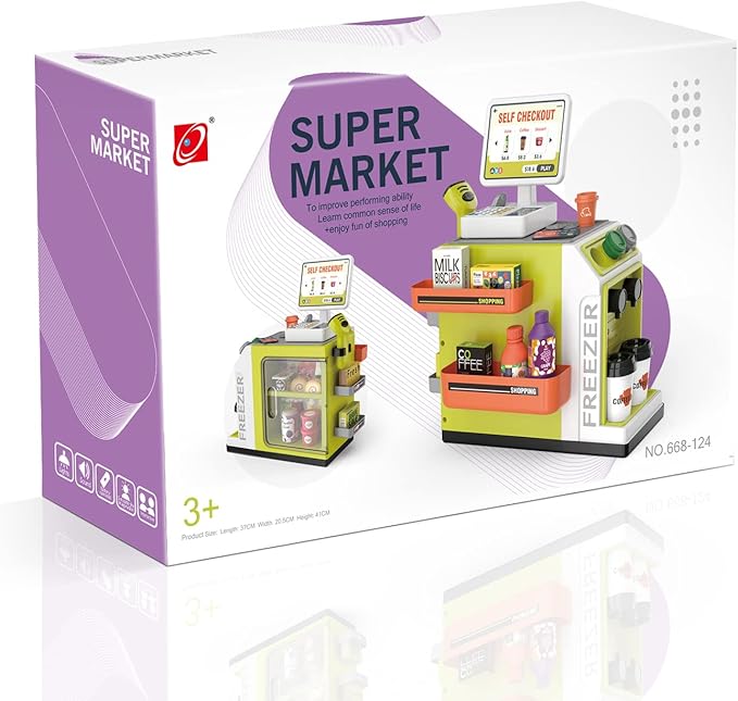 Cash Register Playset for Kids - 48PCS Pretend Play Money, Calculator, Scanner, Credit Card and Play Food for Boys and Girls Ages 3+ (668-124)