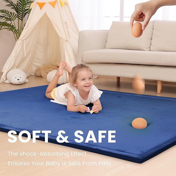 Baby Play Mat for Floor,1.3" Thick Memory foam Tummy Time Mat,Soft Coral Velvet Nursery Rug,Extra Large Non Slip Crawling Mats for Toddlers,Infants,kids,Yoga,Tatami Style for Living Room(Royal Blue)