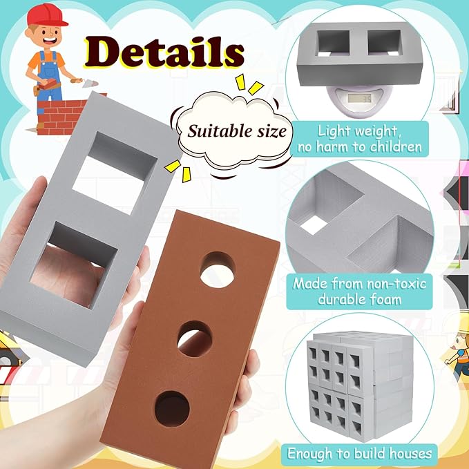 Zhanmai 50 Pack Foam Bricks Building Blocks for Kids Foam Cinder Blocks Large Fake Bricks Toy for Stacking and Construction 8 x 4 x 2.4 Inches(Square Round)