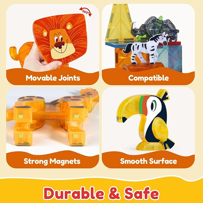Oriate Magnet Safari Animals for Magnetic Tiles, 5pcs Zoo Animal Toys for Magnetic Blocks, Movable Joint Magnet Safari Animals Figures Compatible with Magnetic Building Tiles for Kids Magnetic Tiles