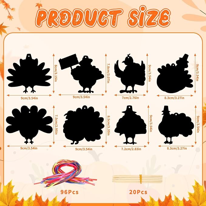 AUGSUN 96Pcs Thanksgiving Fall Crafts, Magic Rainbow Scratch Paper Art Cute Turkey Crafts Activity Gifts Autumn Harvest Thanksgiving Party Favors