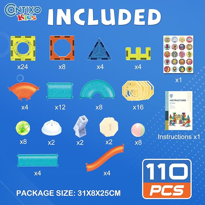 Contixo STEM Building Toys - 110 pcs Marble 3D Magnetic Run Tiles Learning Stacking Educational Building Blocks Set, Creativity Beyond Imagination, Inspirational, Recreational Toy for Kids